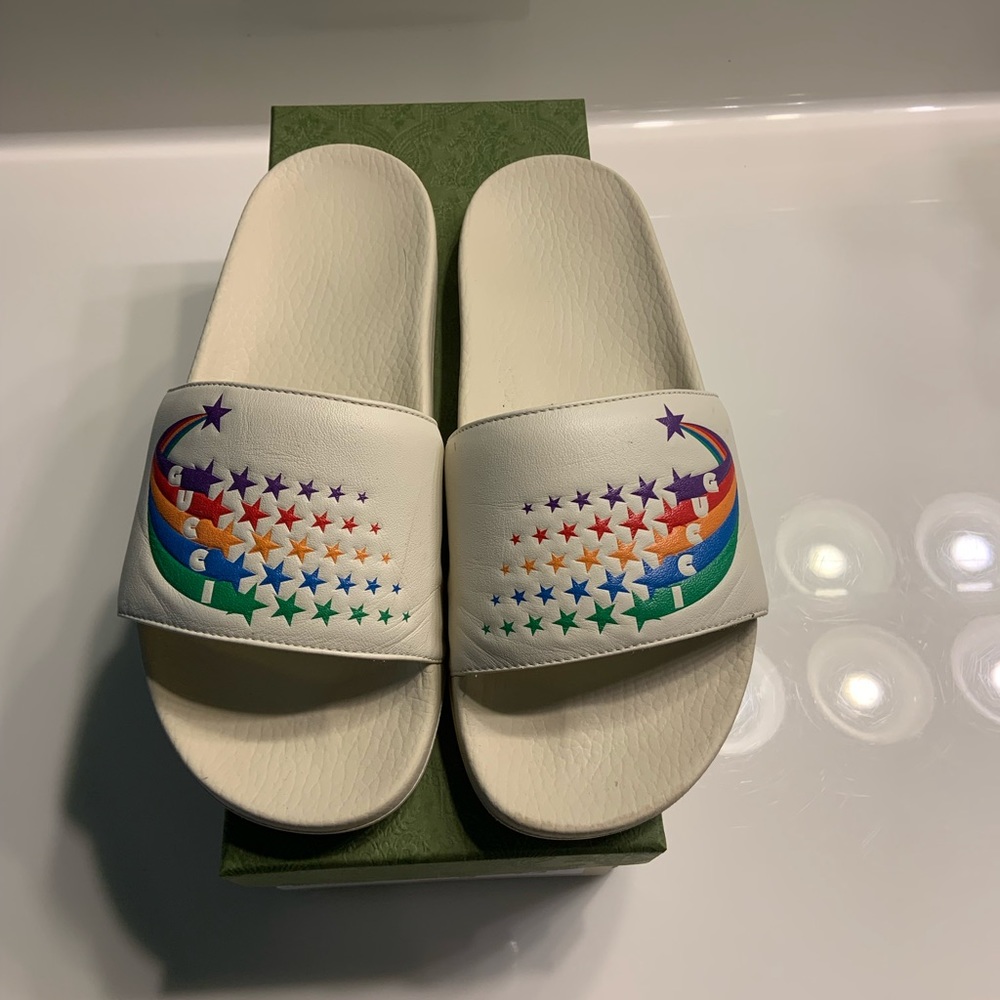 Authentic Gucci Slides Star Flats White